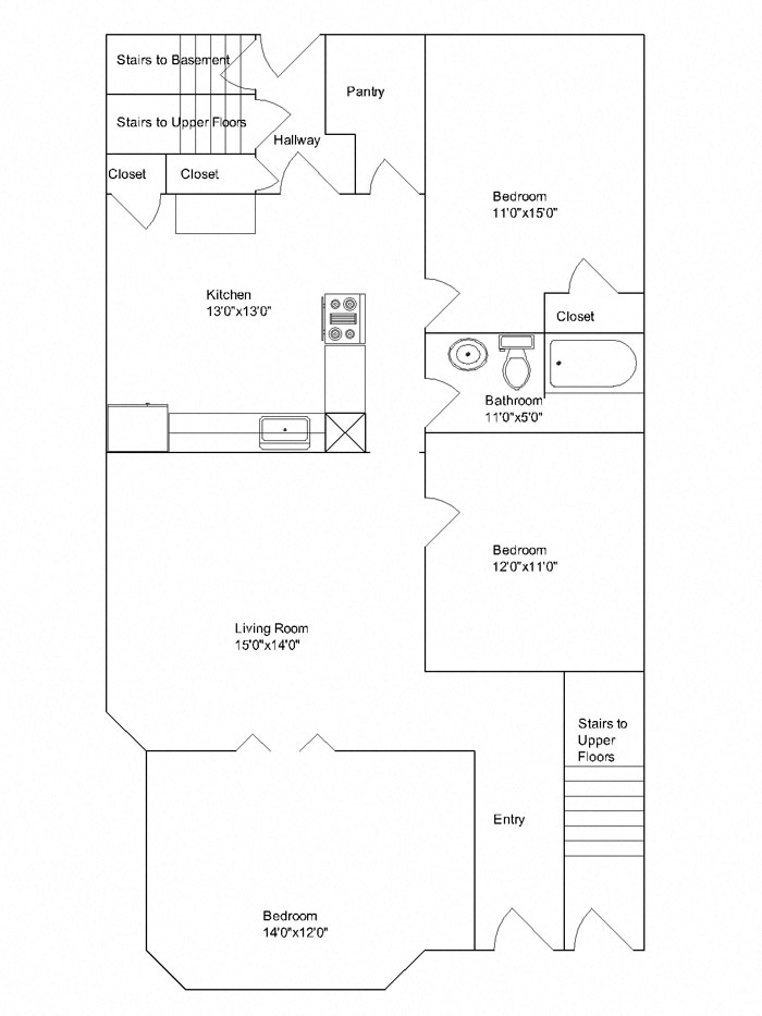Floor plan for 3 beds, 1 bath, 978 sqft